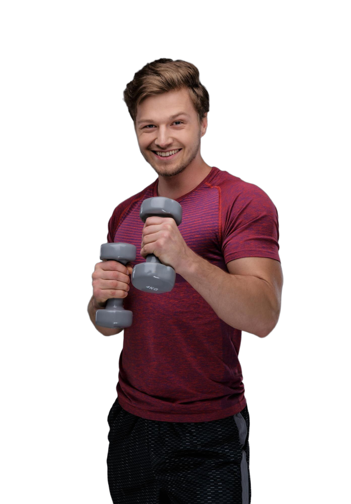 Sporty Positive Guy Holds Pair Dumbbells Isolated Grey Background