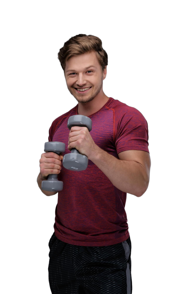 Sporty Positive Guy Holds Pair Dumbbells Isolated Grey Background